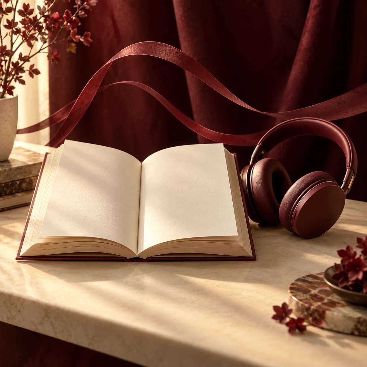 An open book, burgundy headphones and sculptural sound waves.