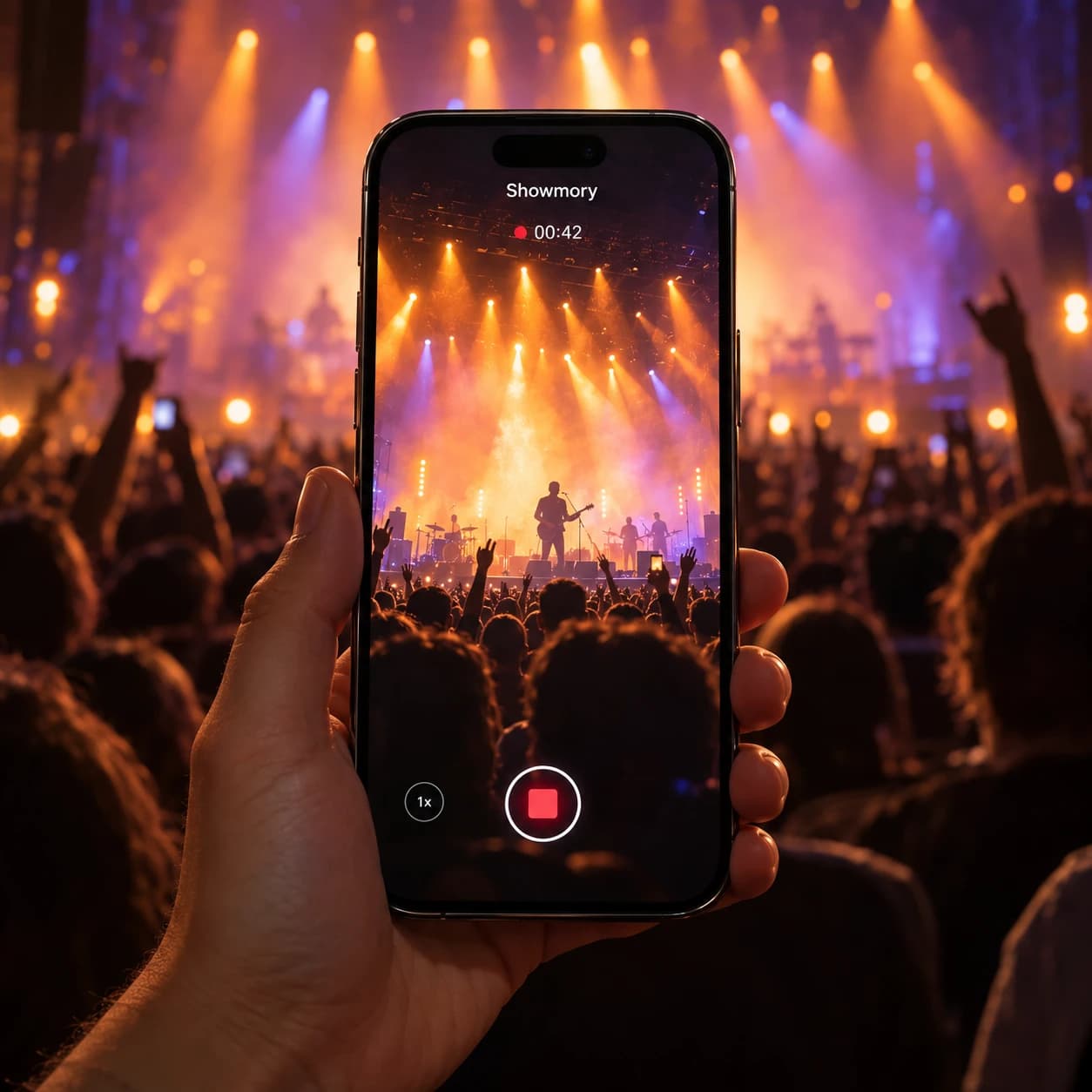 Interfaz conceptual de la cámara de Showmory grabando un concierto en vivo desde un celular.