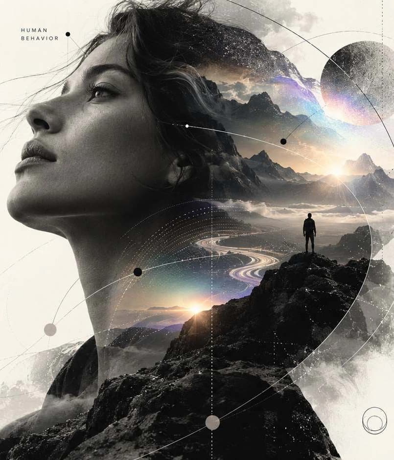 A human profile layered with landscapes, trajectories and connected patterns.