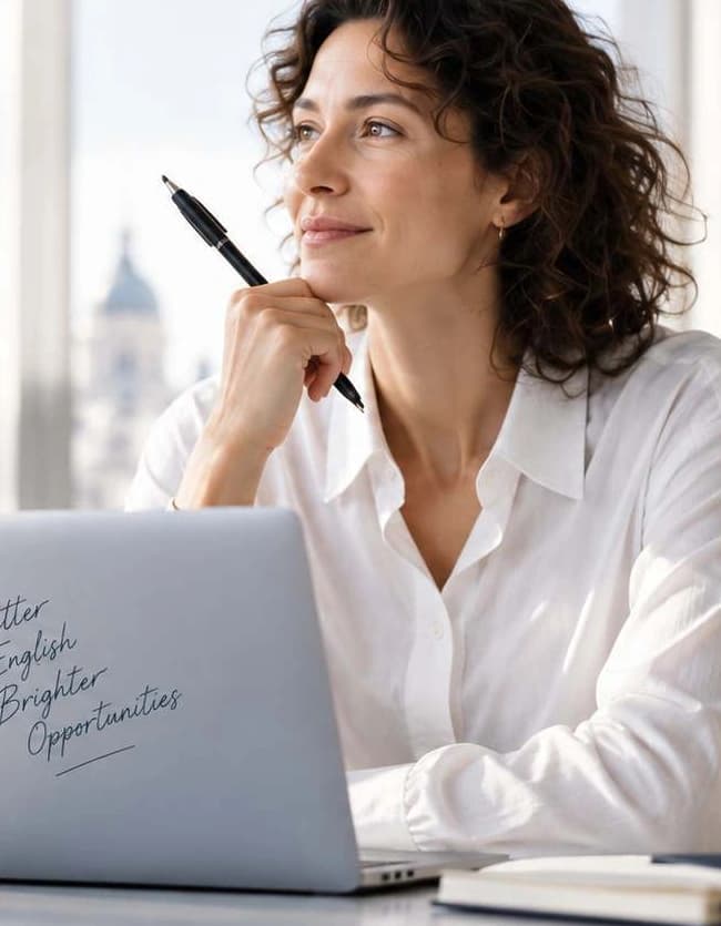 A learner at a laptop, with a notebook and a pen in a bright study space.