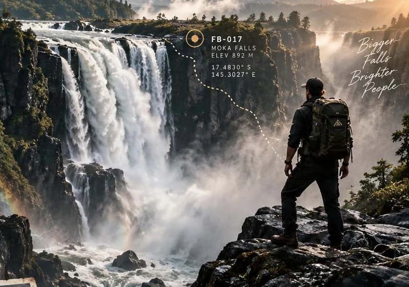 An explorer stands beside a waterfall in a wild mountain landscape.