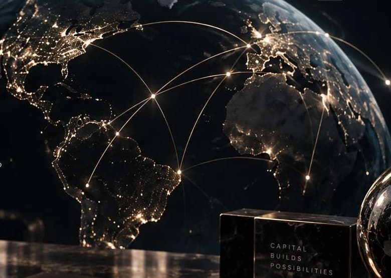 A dark globe connected by restrained golden routes over a private desk.