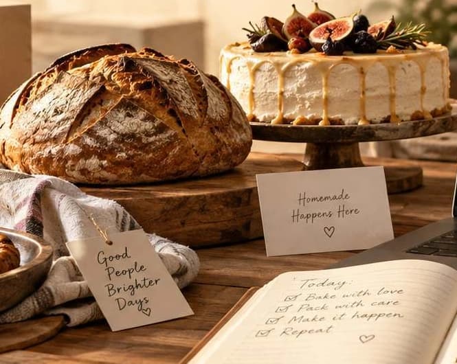 Artisan bread, a homemade cake and a handwritten baking notebook.