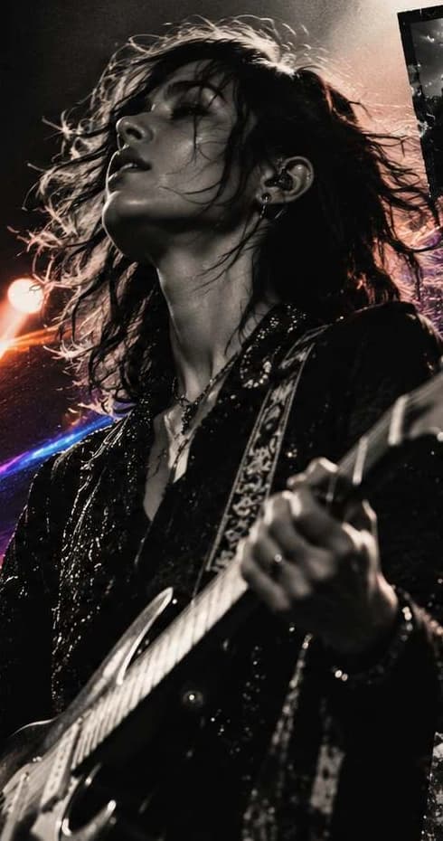 A performing guitarist surrounded by warm and violet stage light.