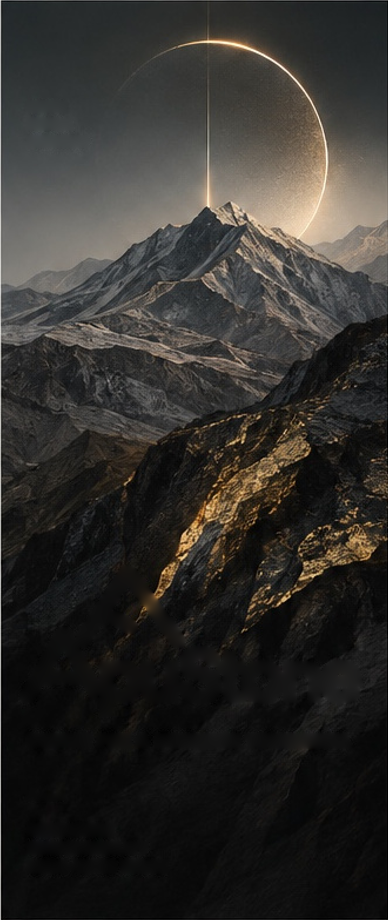 Andean summit, golden halo and dark mineral rock.